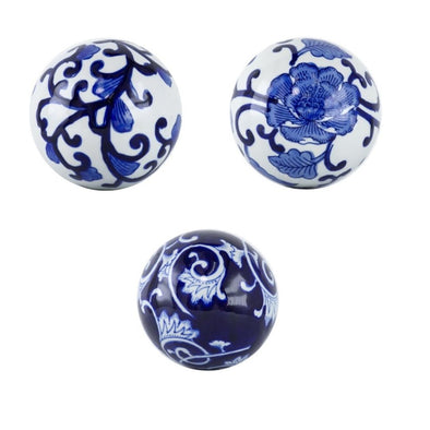 Set of 3 Blue and White Ceramic Decorator Balls - 7 cm Indigo Garden