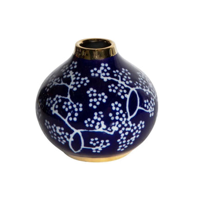 Indigo Blue and White Ceramic Bud Vase with Gold Trim
