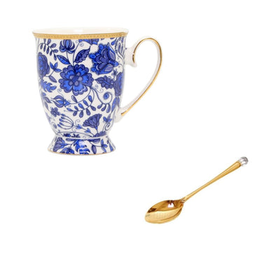 Blue and White Floral Tea or Coffee Mug AND Gold Tea Coffee Spoon