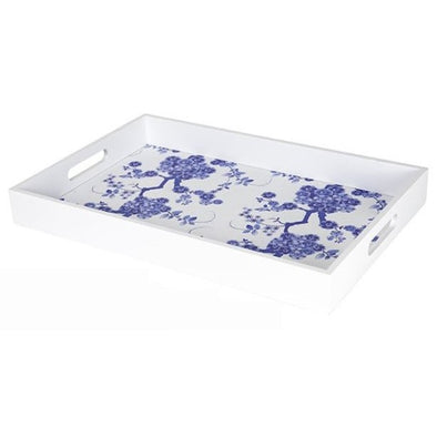 White Timber Tray with Blue Floral Design - Rectangular
