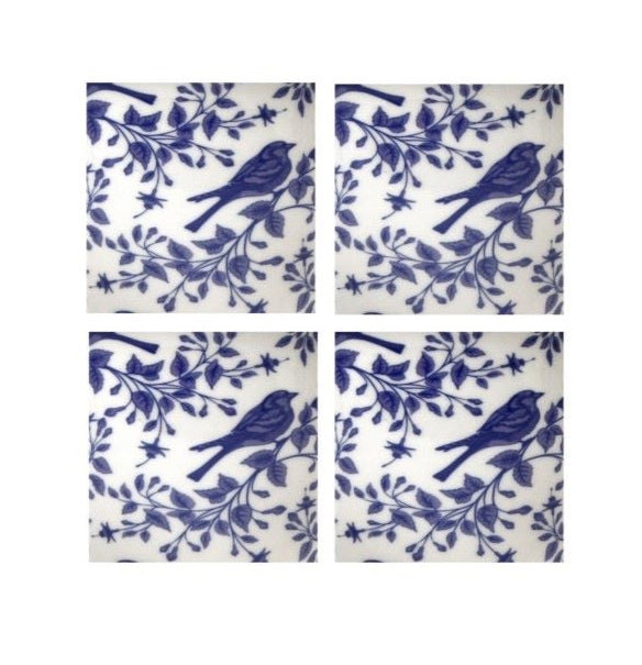 Set of 4 Navy Blue and White Ceramic Little Bird Coasters