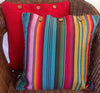 Bright Red Solid Colour Cotton Linen Cushion Cover - Reddy Red with Madagascar Multi Colour Stripe