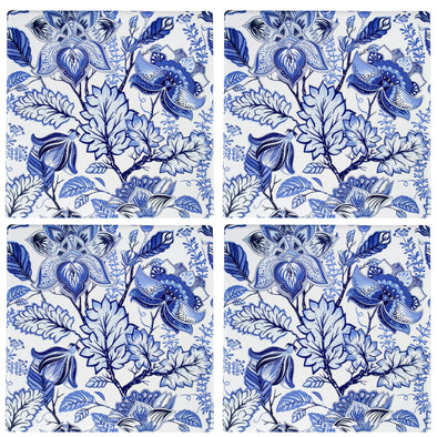 Set of 4 Blue and White Floral Ceramic Coasters