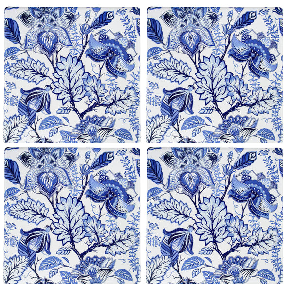 Set of 4 Blue and White Floral Ceramic Coasters