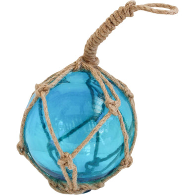 Aqua Blue Glass Fishing Float Ball in Jute Twine 12 cm