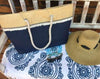 Navy Blue Large Canvas Beach Shopping Bag Front with Braid and Fringe Trim Styled