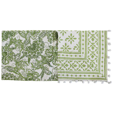 Sage Green and White Floral Table Runner with Pom Pom Trim